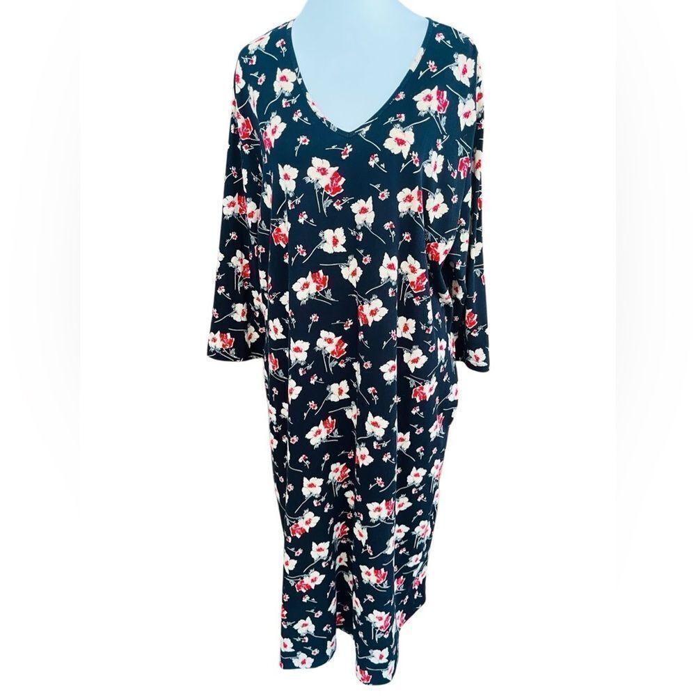 Ulla Popken Black, tan and red floral v neck swing style dress, size 16-18.
